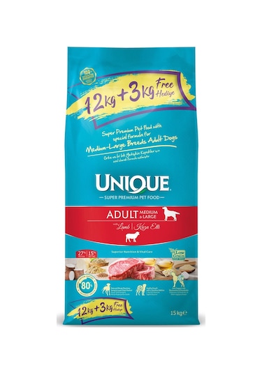 Unique Kuzu Etli Orta ve İri Irk Yetişkin Köpek Maması 12 KG + 3 KG