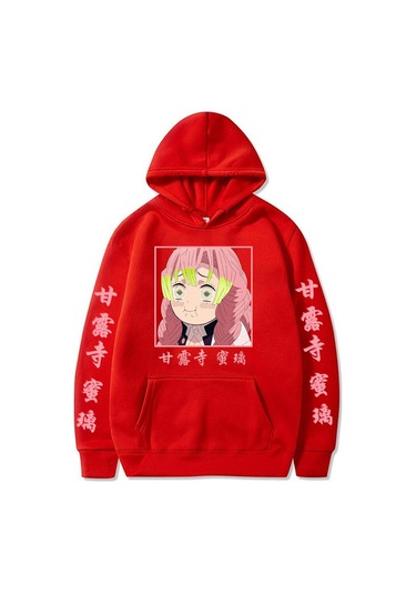 Manga Demon Slayer Hoodies Kimetsu No Yaiba Anime Harajuku Sevimli Kanroji Mitsuri Loog Kollu Kazak Kapşonlu Kırmızı