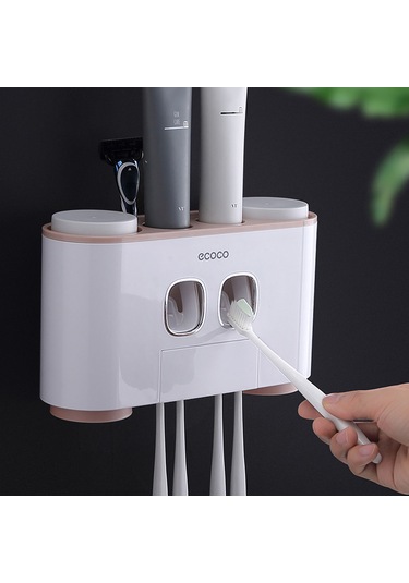 Mufunye Duvar Tipi Diş Fırçası Askısı - 5 Yuvalı, 4 Bardaklı, 2 Diş Macunlu, Yapışkanlı Pratik Organizer Beyaz