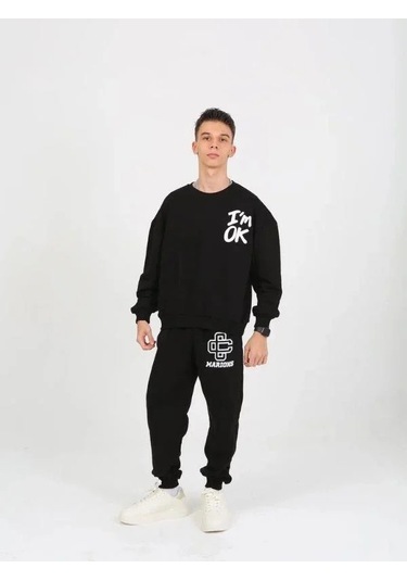 Çocuk I'm Ok Yazılı 2 İplik Sweatshirt-15233 Siyah