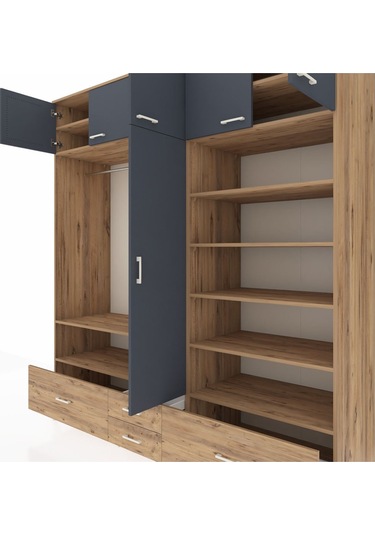 Kronos Dolap 18 Raflı 4 Çekmeceli Tek Askılı 220x59x243 Çam-antrasit/çam Antrasıt/atlas Çam