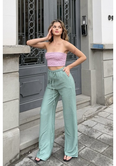 Pembe Keten Karışımlı Bol Kesim Pantolon Nil Yeşili