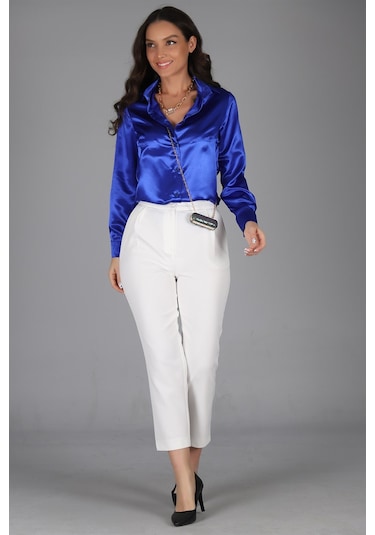 Sweetness Kadın Saks Mavi Saten Uzun Kol Abiye Gömlek Mavi