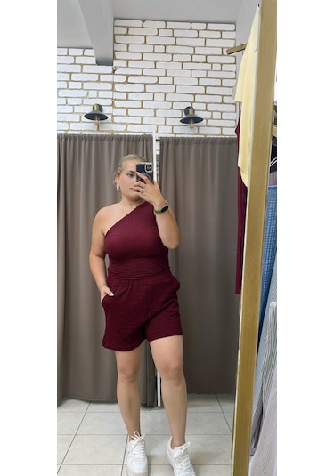 Tuba Toptaş Gofre Şort Lastikli Bel Bordo