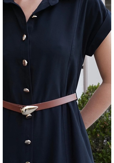 Kadın Twill Modal Yakalı Düşük Omuzlu Duble Kol Midi Boy Diz Altı Elbise Deri Kemer Dahil -siyah Siyah