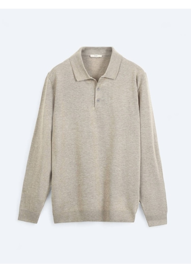 Bej Polo Yaka Düz Örgü Triko Kazak Bej