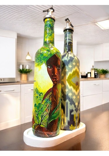 Geleneksel Desenler Ve Yerli Kadın Temalı Yağdanlık, Sirkelik Ve Sosluk Seti Vintage Mutfak Dekor Açık Yeşil