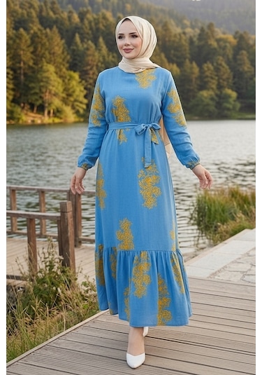Bestenur Noyra Desenli Viskon Elbise 1722 - Mavi