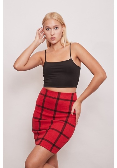 Kışlık Yünlü Kumaş Yüksek Bel Diz Üstü Kalem Etek-Kırmızı Kareli
