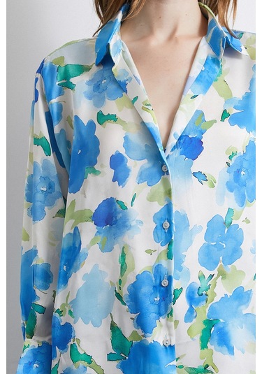 Çok Renkli Çiçek Desenli Gömlek Lacivert Lacivert