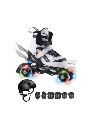 Melek Kanatlı Işıklı Çocuk Pateni Kask Ve Dizlik Seti Silikon Teker Ayarlanabilir Paten Çantalı Siyah