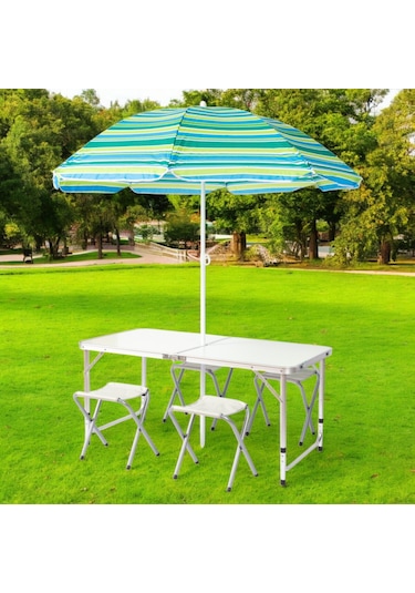FUNKY CHAIRS Şemsiyeli Tabureli Katlanabilir Piknik Masası Seti - Gri Gri