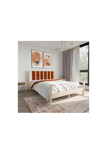 Orion Model Kiremit Renk Puflu Başlıklı Doğal Çam Ahşap Karyola-80 180 x 200 CM