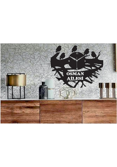 Kişiye Özel Serçe Çalı Kuş Temalı Dekoratif Ahşap Duvar Saati Siyah