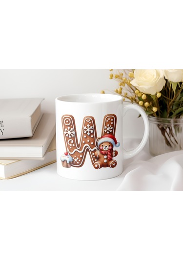 W Kurabiye Harf Ve Ayıcık Detaylı Kupa Bardak - Yeni Yıl / Yılbaşı Temalı Tasarım - Noel Hediye Beyaz