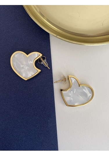 Mineli Kalp Çelik Kararmaz Küpe Çifti Altın