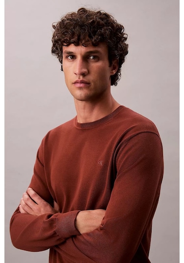 Calvin Klein Erkek Regular Kalıp Supima Pamuklu Triko Kazak - Kiremit Cherry Mahogany