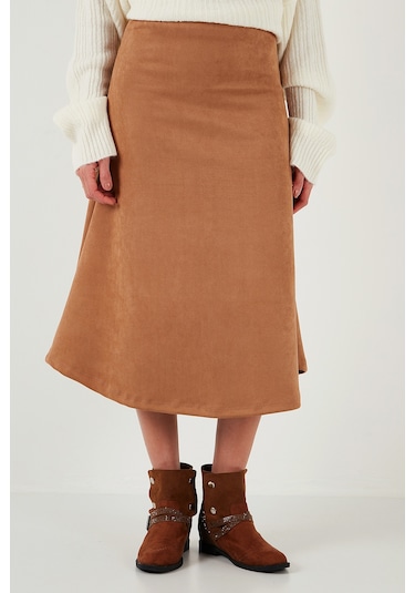 Lela Streç Regular Fit Yüksek Bel Midi Boy Süet Çan Bayan Etek 5866180 Vizon