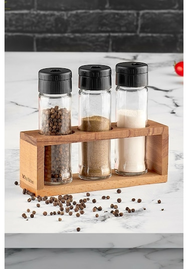 Joy Kitchen Lisa Ahşap Baharatlık Seti 3'Lü Siyah Kapak