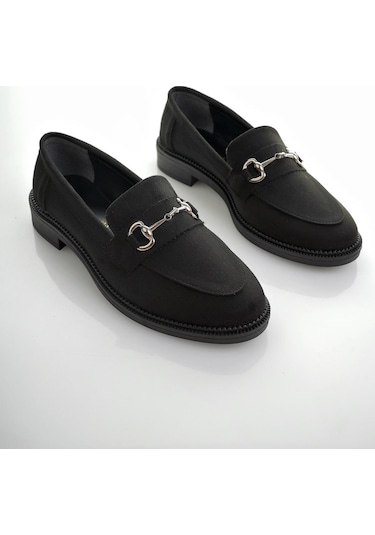 Muggo Sussie Garantili Metal Tokalı Kadın Loafer Günlük Ayakkabı SIYAH SUET