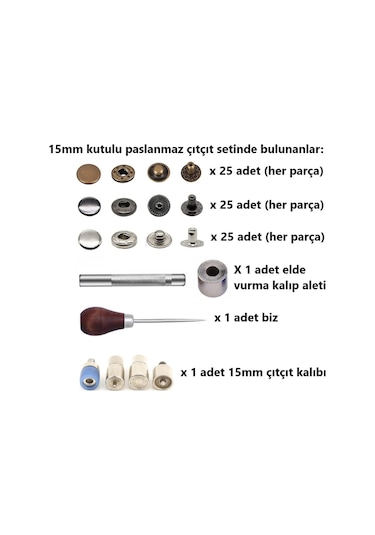 75 adet 15mm Kutulu Paslanmaz Çıtçıt Yapım Seti - Aparatlar, Biz