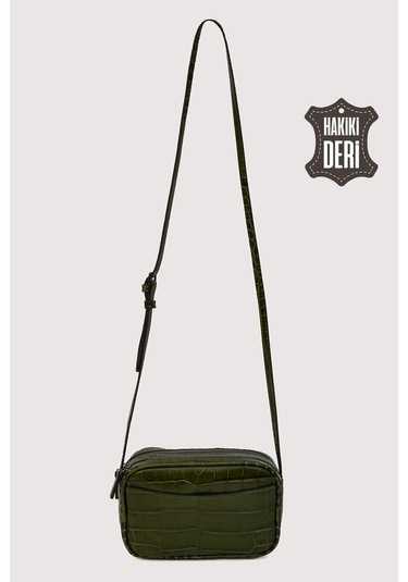 Hakiki Deri Kadın Çapraz Omuz Çantası Yeşil Kroko Smr8975 Yeşil Kroko