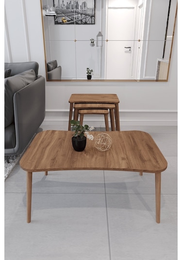 Esma Orta Sehpa Ve Zigon Sehpa 4'Lü Ahşap Ayaklı Salon Seti-Ceviz