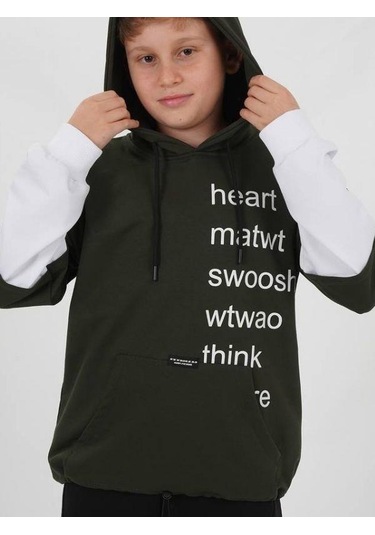 Çocuk Pamuklu Kapüşonlu Heart Mat Yazılı Sweatshirt-14830 Haki