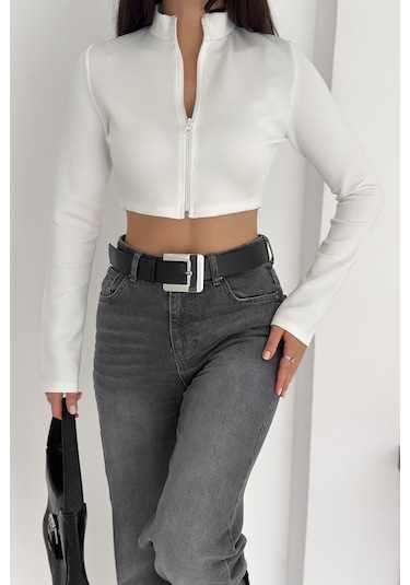 Kadın Fermuarlı Crop Ceket Dinamik & Modern Stil Beyaz