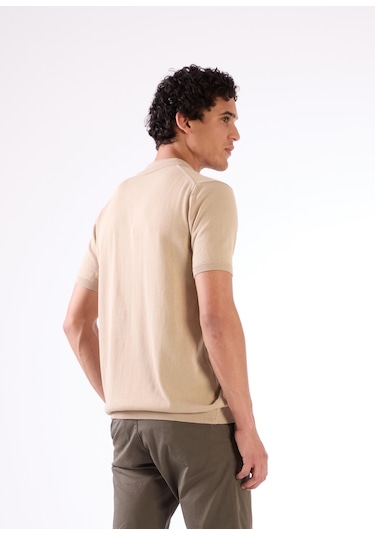 Bej Düz Erkek Triko - Slim Fit Bej