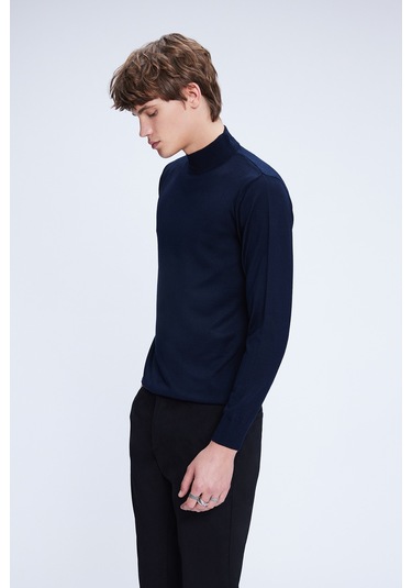 Lacivert Regular Fit Düz Yarım Balıkçı Yaka Yünlü Triko Kazak Lacivert