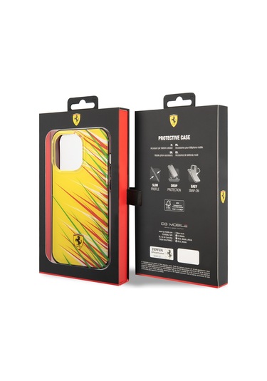 İphone Uyumlu 14 Pro Max Kılıf Ferrari Lisanslı Baskı Logolu Çimen Desenli Kapak Sarı