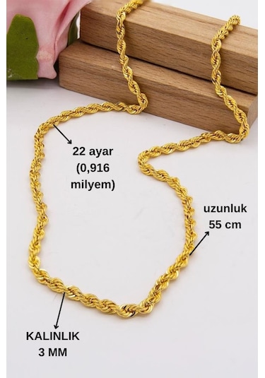 Latif Kuyumculuk 22 Ayar Altın Zincir 3 MM Halat Altın Zincir Kolye 55 CM