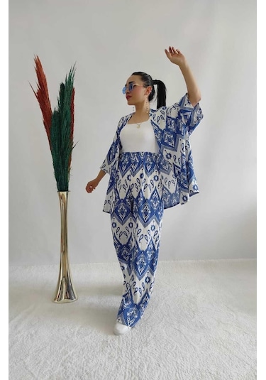 Moda Desenli Ikili Kimono Takım Rahat Kalıp Mavi