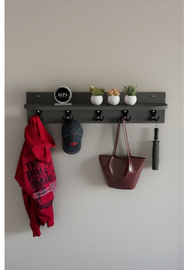 Alpa Ev Mobilya 5 Askılı Raflı Portmanto, Elbise Askılığı, Modern Duvar Organizer Askılık Antrasit