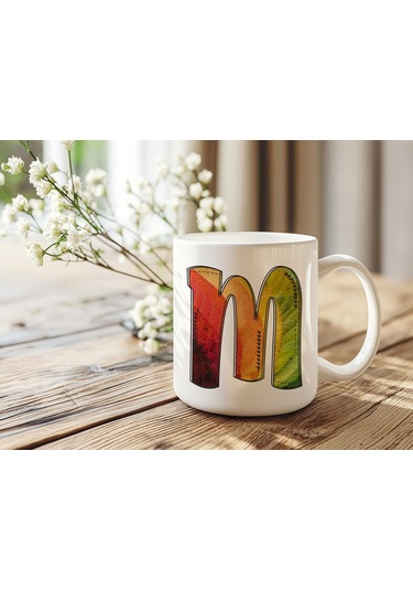 M Harf Yaprak Renkleri İle Kupa Bardak - Kişiye Özel Alfabe Harfli Bardak - Hediye Beyaz