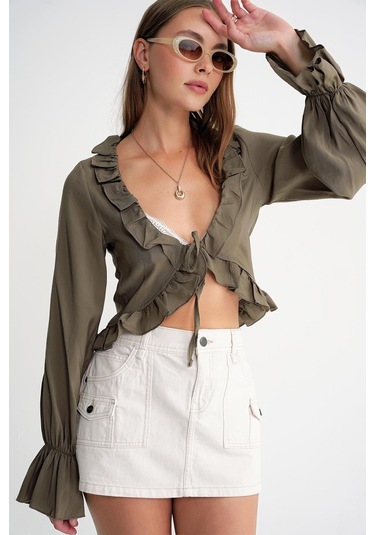 4712 Kadın Volanlı Modal Bolero Bluz Haki Haki