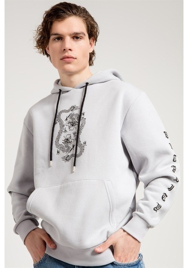 Jahr Marc Dragon Baskılı Gri Oversize Erkek Sweatshirt Gri