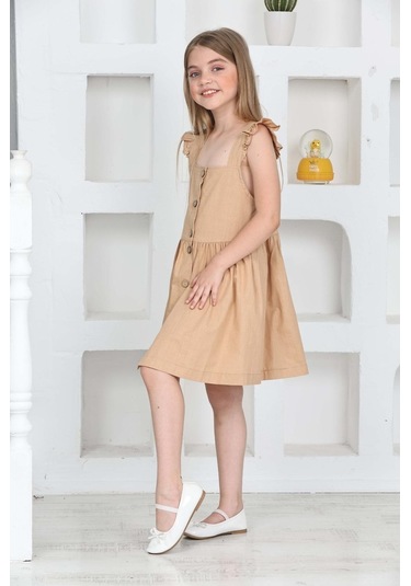 Kız Çocuk %100 Pamuk Keten Elbise 12197 Açık Kahve Açık Kahverengi