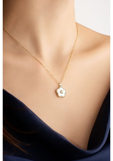 So Chic Sedef Çiçeği 18 Ayar Beyaz Altın Kaplama 43 Cm Gümüş Minimal Kolye