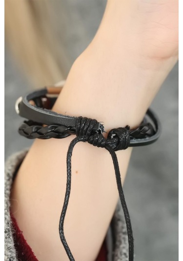 Siyah Renk Sonsuzluk Ve Atatürk İmza Tasarım Çoklu Deri Bayan Bileklik Çok Renkli