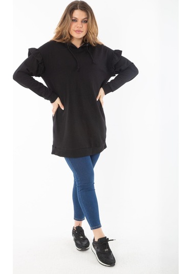 Kadın Büyük Beden Siyah İçi Şardonlu Üç İplik Kol Detaylı Kapşonlu Sweatshirt 65n37299-siyah Siyah