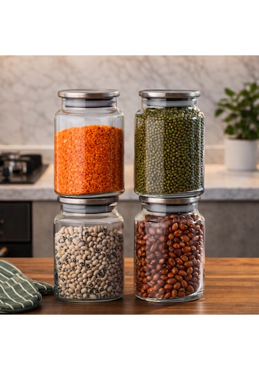 Porsima 4402 Bormio Metal Kapaklı 4lü Cam Kavanoz Seti Vakum Kapaklı Saklama Düzenleme Kabı Seti 900ml Şeffaf
