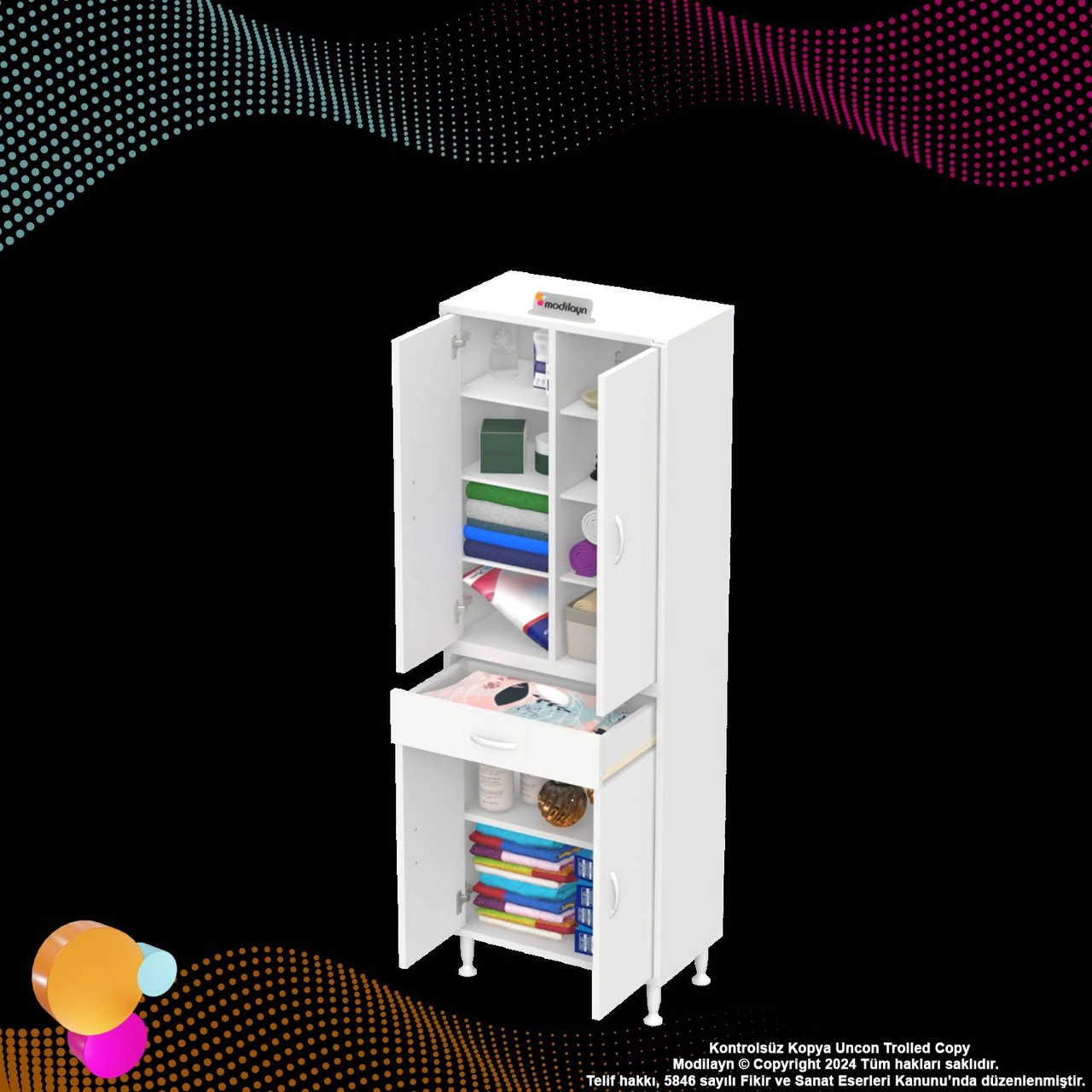 Sare Banyo Ve Mutfak Dolabı Çok Amaçlı Dolap Tek Çekmece 4 Kapak 7 Raf 10 Bölme 55x173x32,5 Cm Beyaz