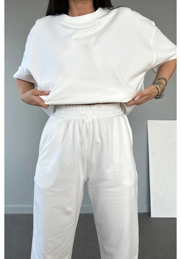 Basic T-shirt Eşofman Altı Jogger - Beyaz Düz Alt Üst Eşofman Takımı Oversize Bisiklet Yaka Beyaz