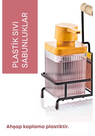 Metal Standlı Ahşap Detaylı Bulaşık Deterjanı Ve Sıvı Sabunluk