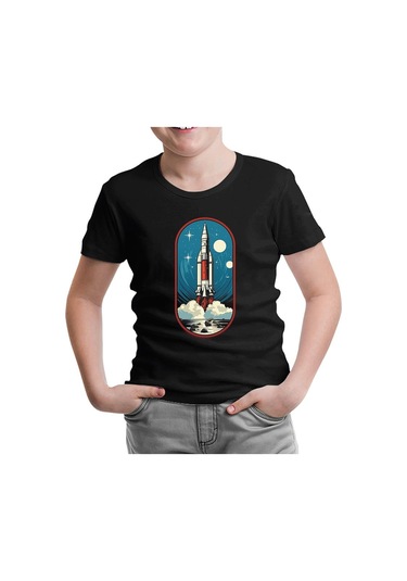 Uzaya Seyahat Roket Kalkış Baskılı Siyah Çocuk Tshirt 001