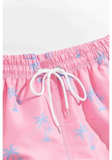 Markapia Angelsin Erkek Basic Standart Boy Şık Palmiye Baskılı Mayo Cepli Deniz Şortu Pembe 001