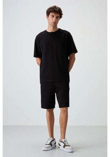 Siyah Pamuklu Kalın Yumuşak Dokulu Oversize Fit Basic Erkek Şort Takım - 85249 Siyah