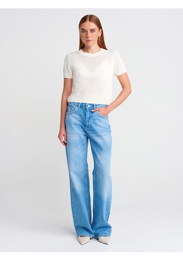 Dilvin 71775 Kalın Kumaş Geniş Straight Denim Pantolon Mavi